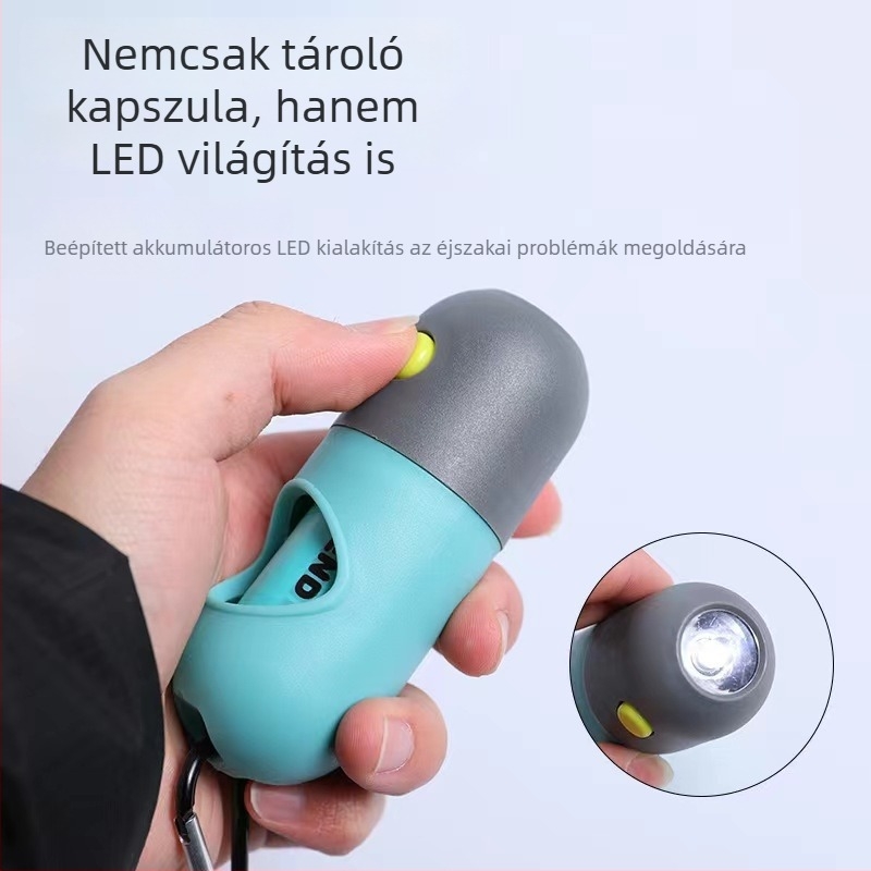 LED-es világítással ellátott kutyapiszkos zacskó adagoló és hordozható tároló kapszula kültéri sétákhoz