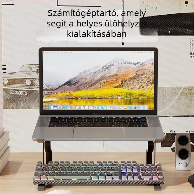 Szénacélból készült felemelt asztali állvány forgatható billentyűzet-tartóval és laptop-hűtő bázissal