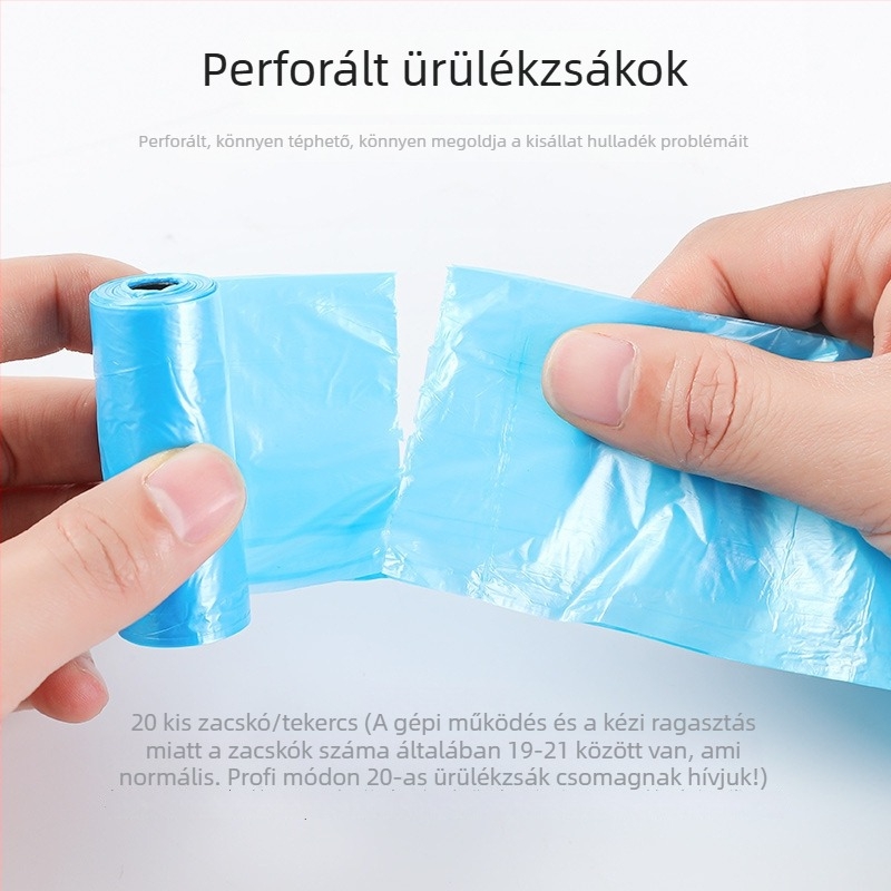 PE anyagú egyszínű állatürülék zacskók macskáknak és kutyáknak, 20 db/tekercs, 0.8 mil vastagság.