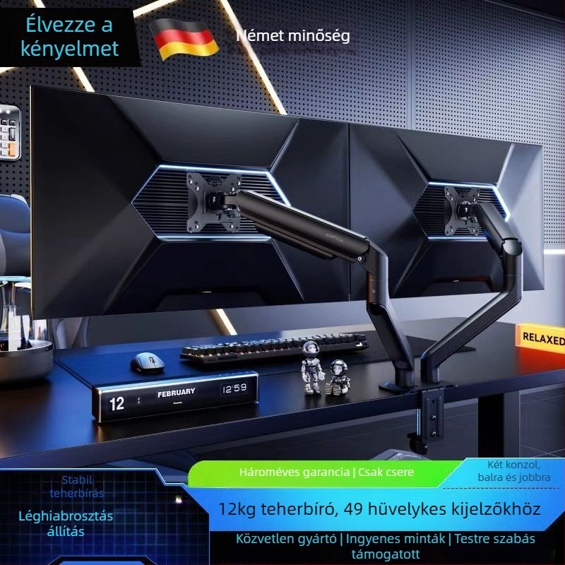 Gázrugós monitorállvány, forgó mechanikus kar, asztalra szerelhető, furatok nélkül
