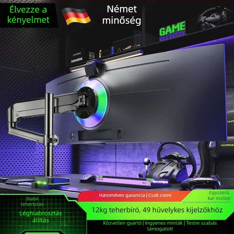 Gázrugós monitorállvány, forgó mechanikus kar, asztalra szerelhető, furatok nélkül