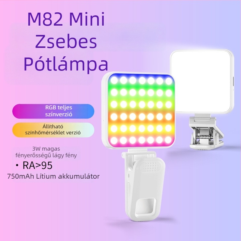 Mik LED töltőfény okostelehez fényképezéshez és videózáshoz, kézben tartható, 3W, USB 5V/1A, színhőmérséklet-szabályozás 2500K-9900K, modell M82/M82RGB