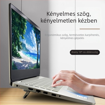 Fém hajtogatható laptop állvány magasság növelés és hűtés funkcióval, tömege 105 g, kompatibilis tablettákkal és telefonokkal