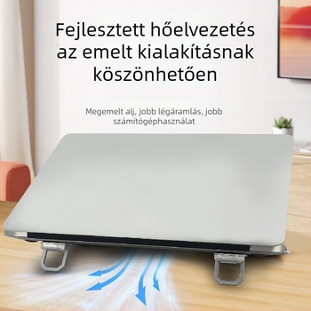 Fém hajtogatható laptop állvány magasság növelés és hűtés funkcióval, tömege 105 g, kompatibilis tablettákkal és telefonokkal