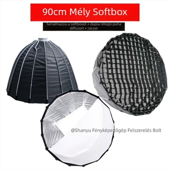 90 cm-es mély parabolikus softbox Bowens rögzítéssel, rácsos diffúzor stúdió világításhoz
