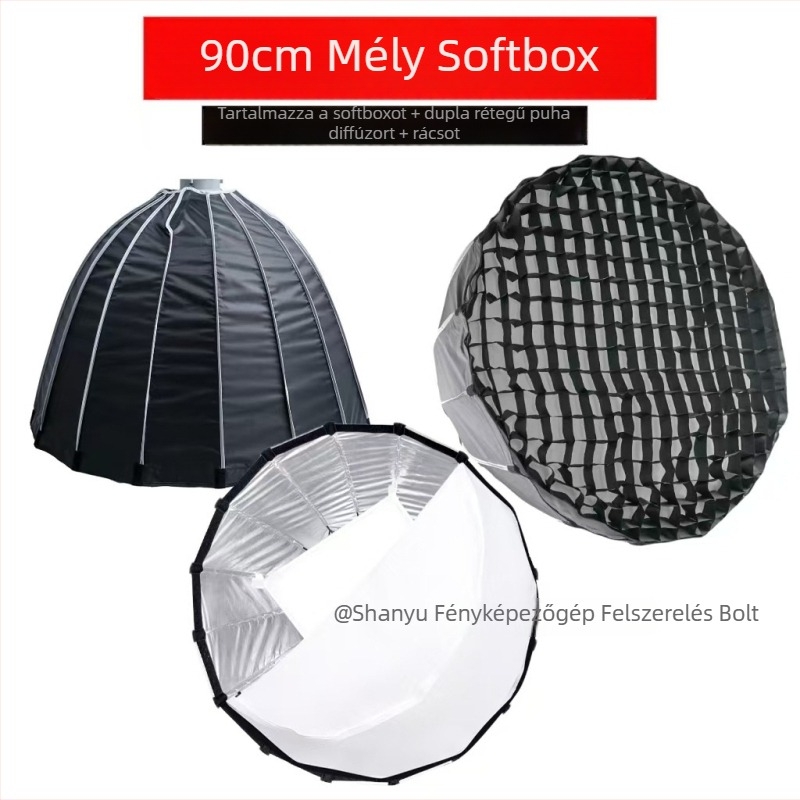 90 cm-es mély parabolikus softbox Bowens rögzítéssel, rácsos diffúzor stúdió világításhoz