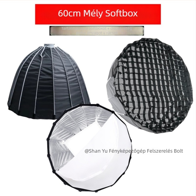 90 cm-es mély parabolikus softbox Bowens rögzítéssel, rácsos diffúzor stúdió világításhoz