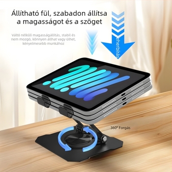 Íróasztali tablet-tartó, fém, 360° forgatás, univerzális (iPad/iPhone), összecsukható, 383 g