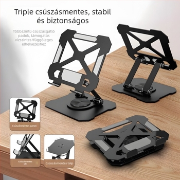 Íróasztali tablet-tartó, fém, 360° forgatás, univerzális (iPad/iPhone), összecsukható, 383 g