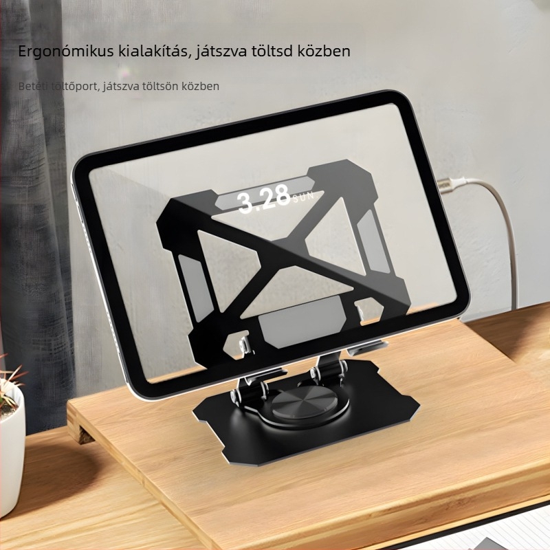 Íróasztali tablet-tartó, fém, 360° forgatás, univerzális (iPad/iPhone), összecsukható, 383 g