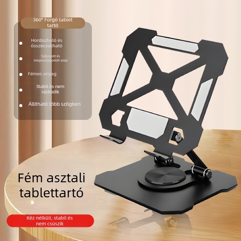 Íróasztali tablet-tartó, fém, 360° forgatás, univerzális (iPad/iPhone), összecsukható, 383 g