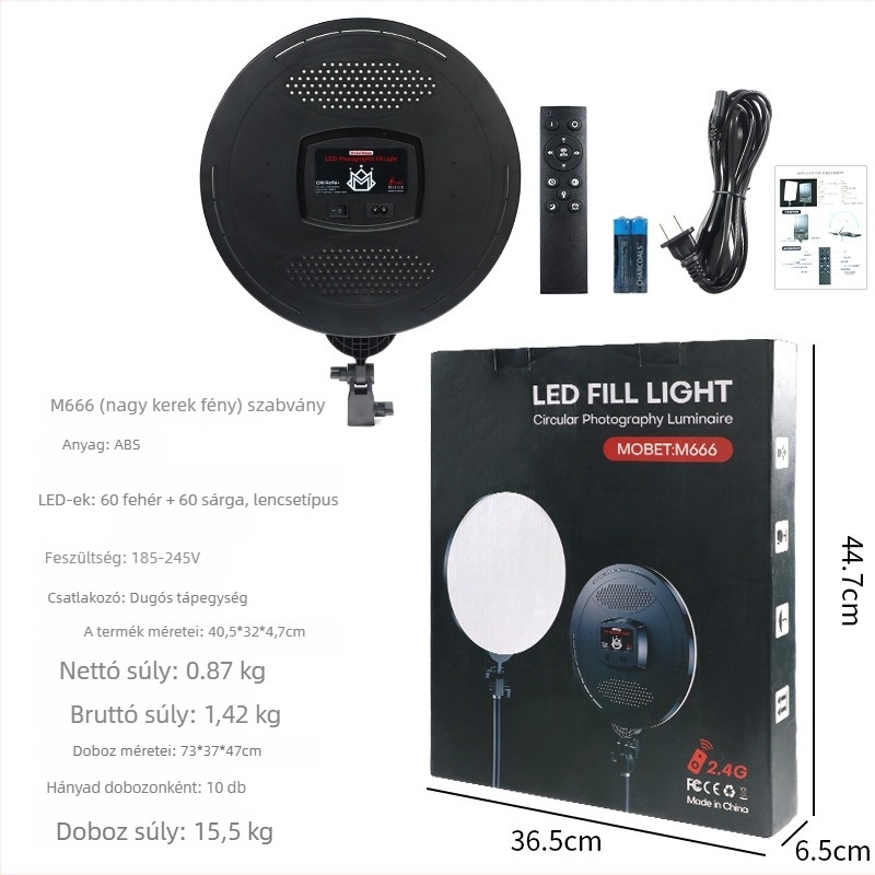 Professzionális LED fotózási világítás állítható tartóval ékszerekhez, ételekhez és still life-hoz — 60–62W, 185–245V, dimmable, 3000K–6500K (±300K), 5 m hatótáv