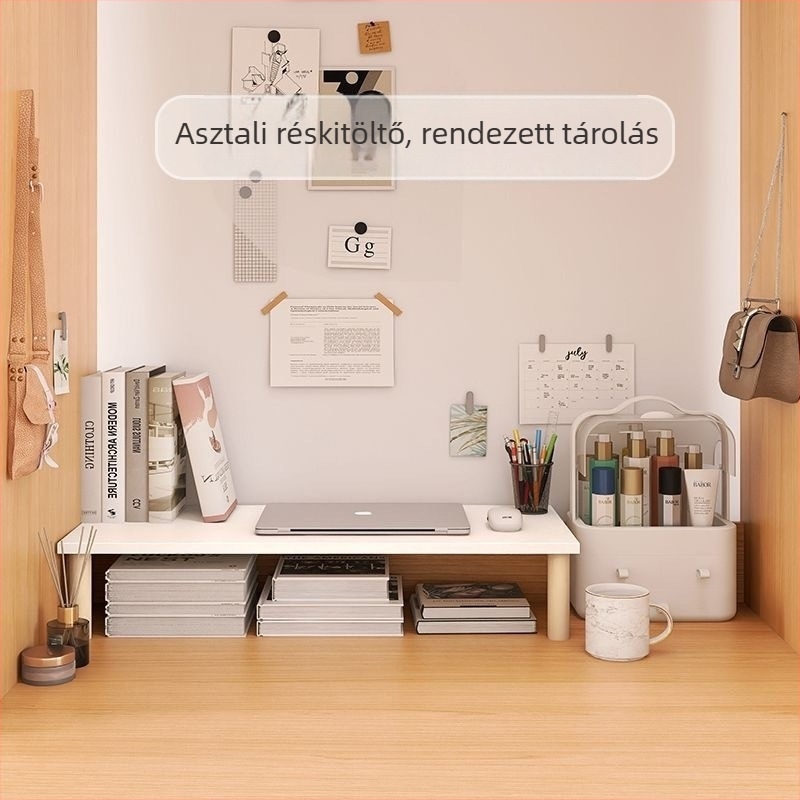 Kétszintes magasságot növelő monitor- és számítógépállvány, tároló polc, asztal közötti rés kiterjesztése, aranyos design
