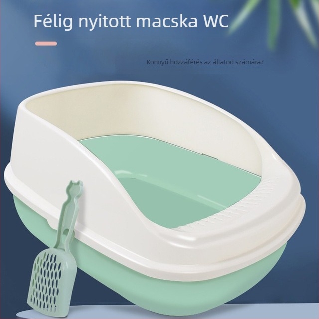 Félig záródó macskaalom-tál antifröccsenéses kialakítással, macska WC Han Han Pet, alkalmas macskáknak és kiscicáknak
