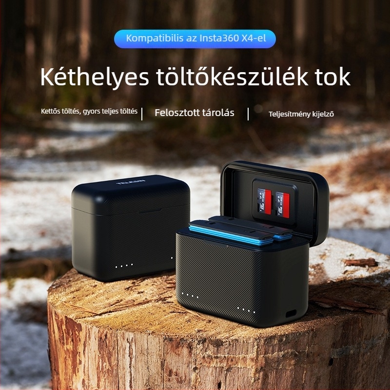 TELESIN Insta360 X4 akkumulátortöltő töltődobozzal és tápegység-kábellel, modell S0-BCG-07-TIS, műanyag