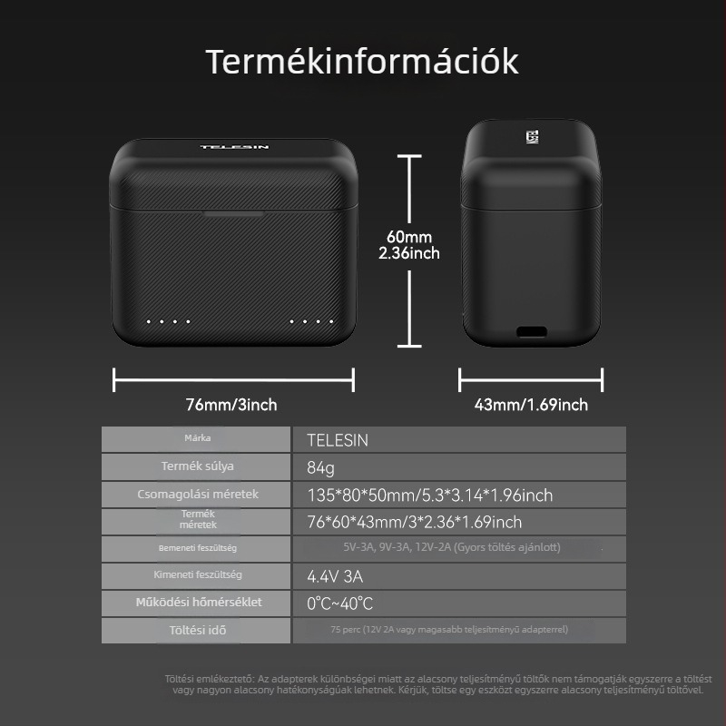 TELESIN Insta360 X4 akkumulátortöltő töltődobozzal és tápegység-kábellel, modell S0-BCG-07-TIS, műanyag