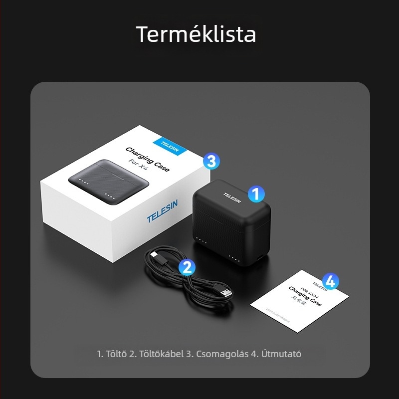 TELESIN Insta360 X4 akkumulátortöltő töltődobozzal és tápegység-kábellel, modell S0-BCG-07-TIS, műanyag
