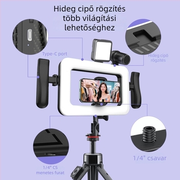 Kézi gyűrűlámpa fényképezéshez, hordozható és újratölthető élő közvetítéshez, modell K03; 6.6W, 5V/1A, színhőmérséklet állítható 2500K–9900K