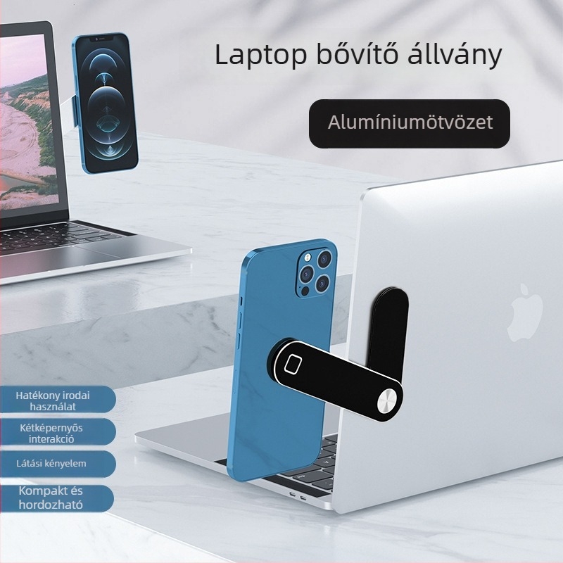 Bracket-sp21 laptop állvány, összecsukható, asztali forgatható, mágneses fém tartó; alkalmas notebookokhoz és okostelekhez (Modell Bracket-sp21; Összecsukható; Asztali forgatás; Tömeg 20 g)