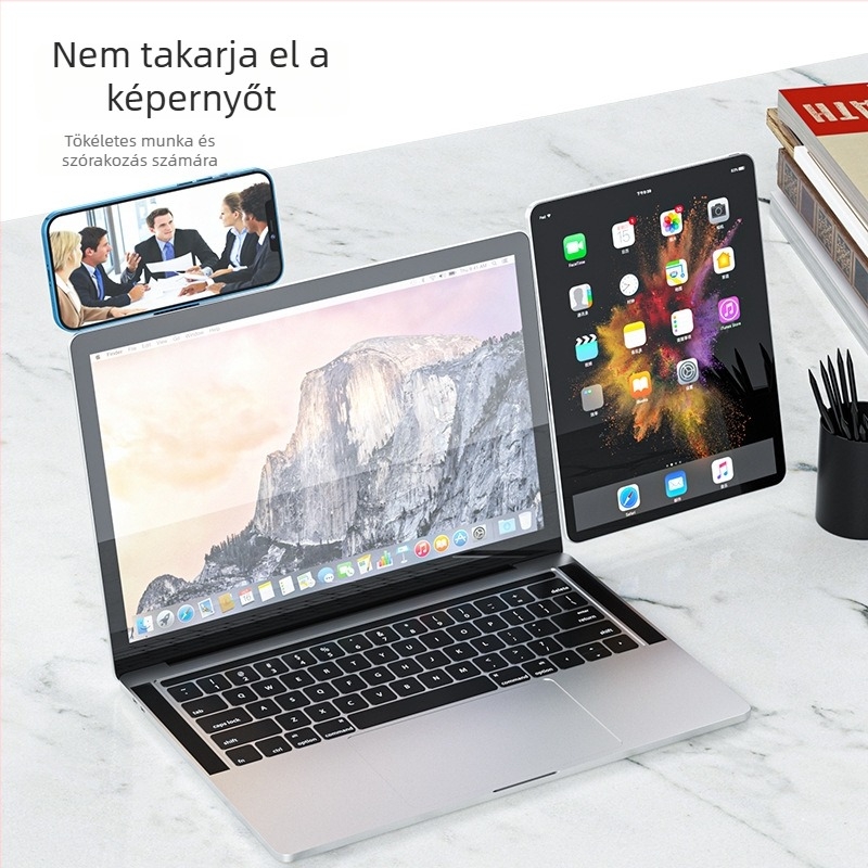 Bracket-sp21 laptop állvány, összecsukható, asztali forgatható, mágneses fém tartó; alkalmas notebookokhoz és okostelekhez (Modell Bracket-sp21; Összecsukható; Asztali forgatás; Tömeg 20 g)