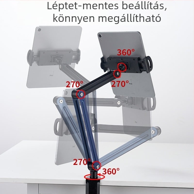 Universális telefon- és tabletás asztali állvány, emelő típusú, összecsukható csíptetős tartó, modell GMS33L