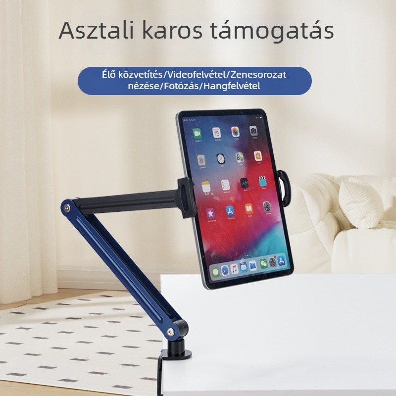 Universális telefon- és tabletás asztali állvány, emelő típusú, összecsukható csíptetős tartó, modell GMS33L