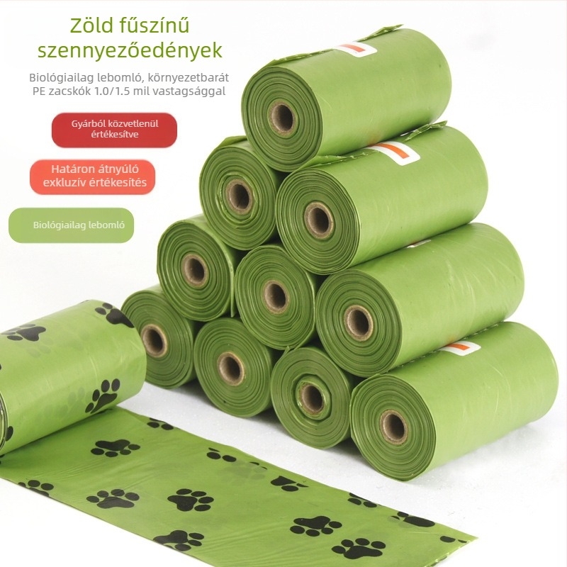 Sűrűsített fűzöld színű lebomló kutyaürülék-zacskók