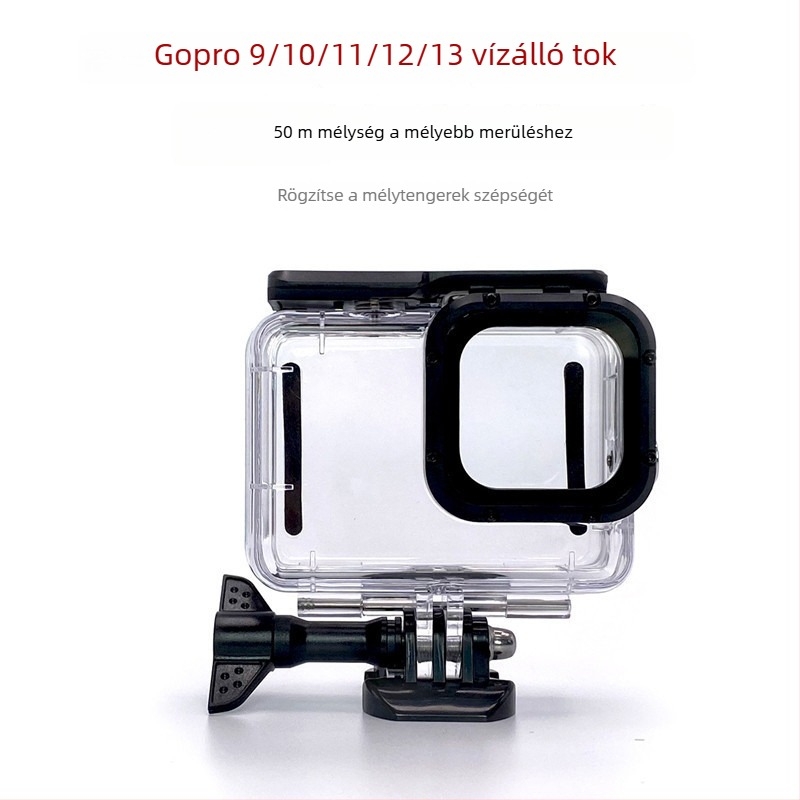 GoPro 9–13 merülő vízálló ház érintőképernyővel, 50 m mélységig, átlátszó edzett üveg + PC + rozsdamentes acél, gyors rögzítés