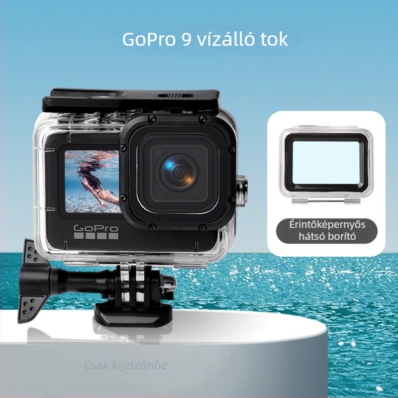 GoPro 9–13 merülő vízálló ház érintőképernyővel, 50 m mélységig, átlátszó edzett üveg + PC + rozsdamentes acél, gyors rögzítés