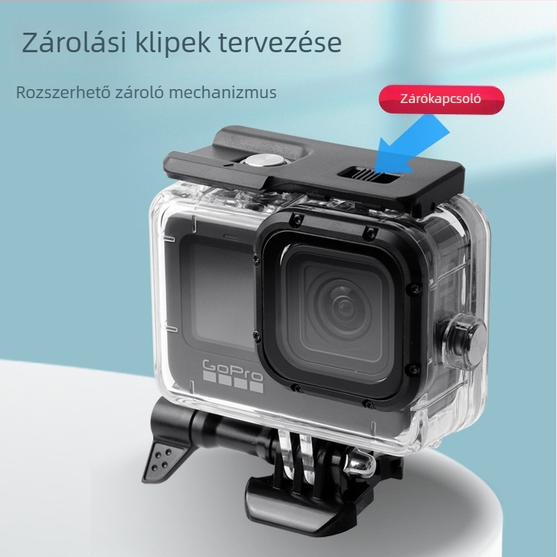 GoPro 9–13 merülő vízálló ház érintőképernyővel, 50 m mélységig, átlátszó edzett üveg + PC + rozsdamentes acél, gyors rögzítés