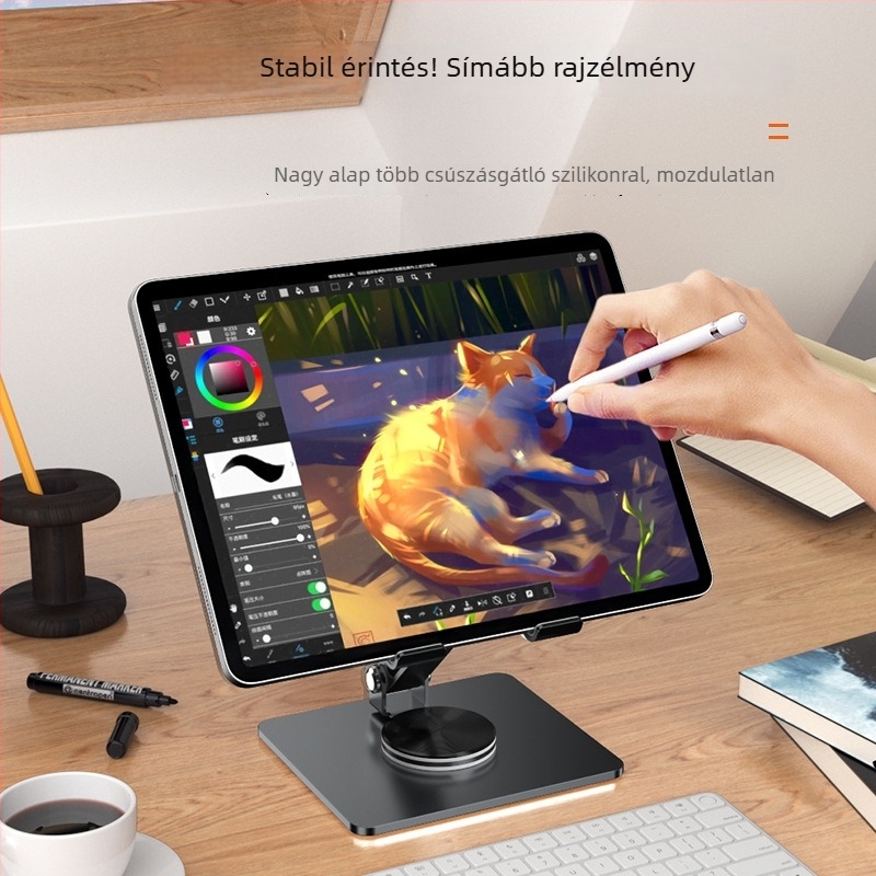 Forgó ötvözetes tabletatartó asztali kivitelben, összecsukható, állítható, iPad és iPhone számára
