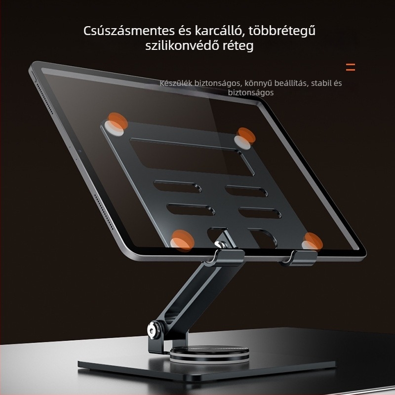 Forgó ötvözetes tabletatartó asztali kivitelben, összecsukható, állítható, iPad és iPhone számára