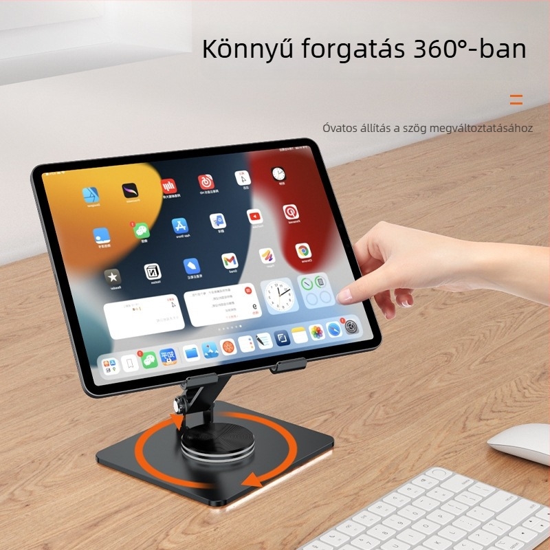 Forgó ötvözetes tabletatartó asztali kivitelben, összecsukható, állítható, iPad és iPhone számára