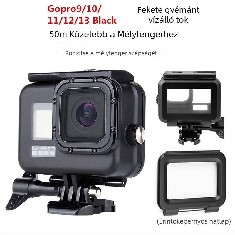 GP902 Vízálló GoPro 9–13 Diamond ház, edzett üveg + PC + rozsdamentes acél, mélység 50 m, tartalmazza a vízálló burkolatot és a hátlapi érintőképernyős fedelet, testreszabható logó
