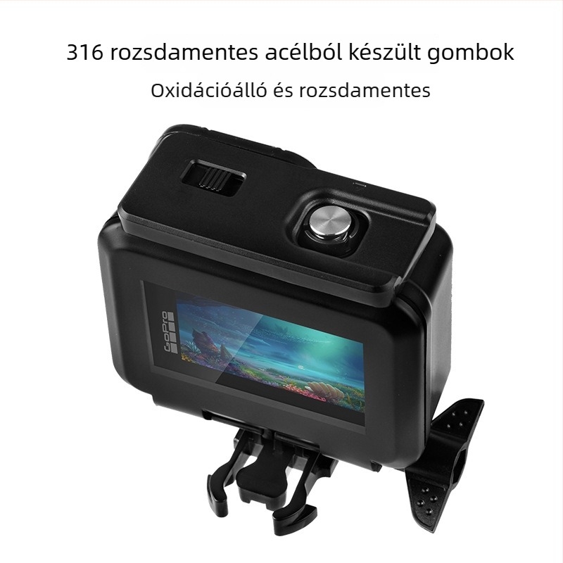 GP902 Vízálló GoPro 9–13 Diamond ház, edzett üveg + PC + rozsdamentes acél, mélység 50 m, tartalmazza a vízálló burkolatot és a hátlapi érintőképernyős fedelet, testreszabható logó