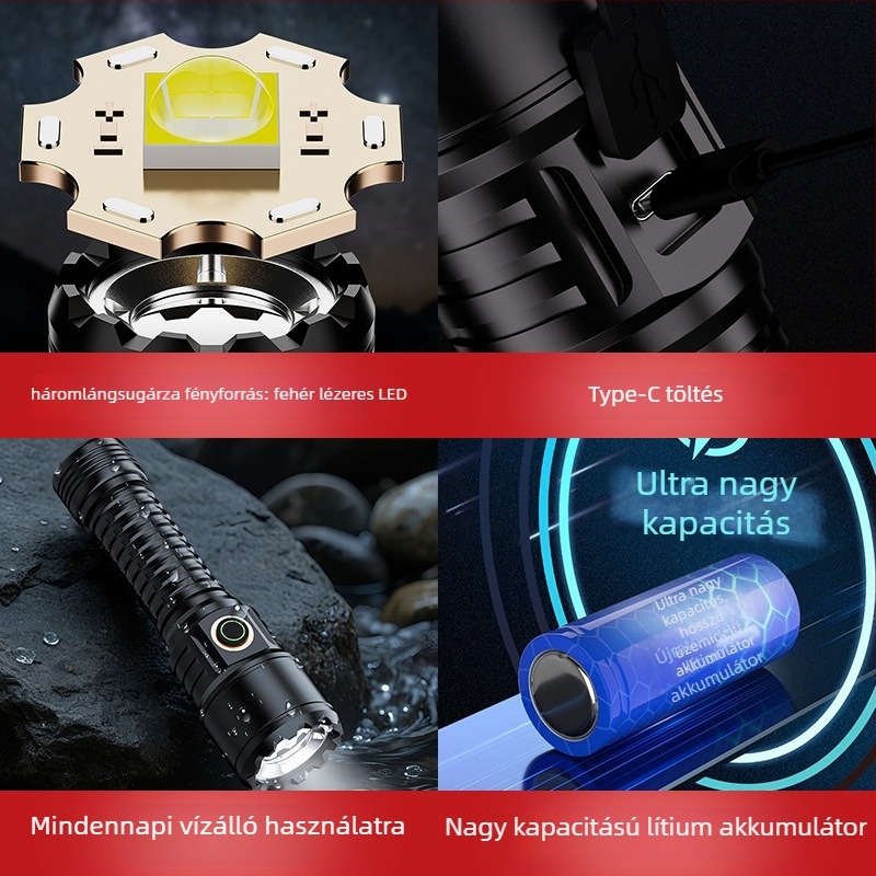 LED elemlámpa, alumínium ötvözetes ház, újratölthető, 360° forgás, 100–200 m hatótávolság