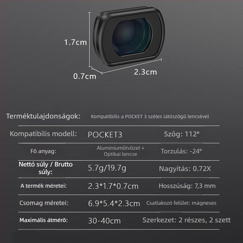 Osmo Pocket 3 széles látószögű objektív filter — FST, modell Osmo Pocket 3 augmentation mirror, anyag: 6063 alumínium + optikai üveg, tömeg: 7 g, kompatibil Osmo Pocket 3
