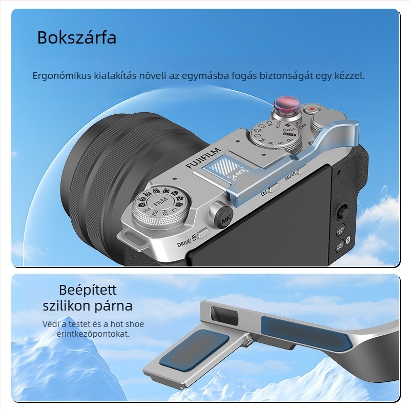 Fuji X-M5L L-típusú markolatábla Arca gyorskioldóval, alumíniumötvözet + szilikon alátét, teherbírás 2–5 kg, súly 90 g