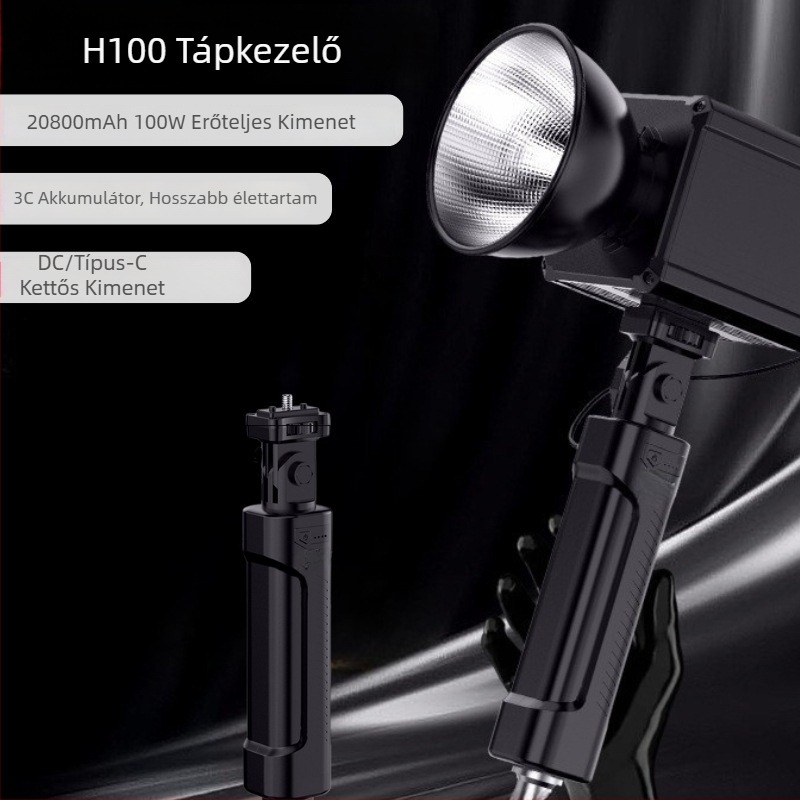 H100 tápegység kézben tartó világítással a kamera számára – ABS tokozás, 600 g, kézi tartó kültéri fotózáshoz, energiaelem