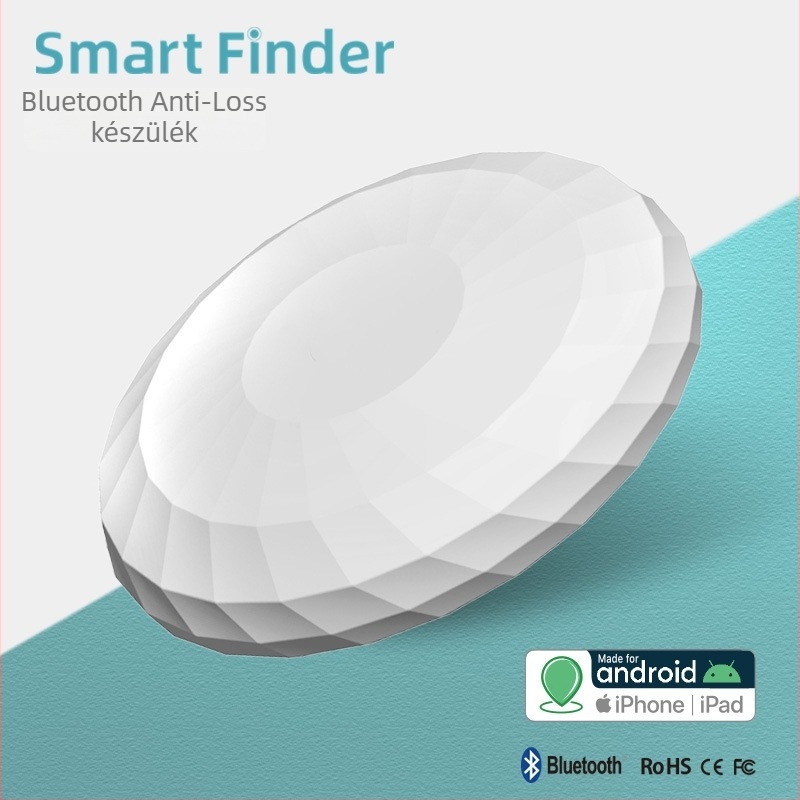 Intelligens Bluetooth kulcskereső, 15 m hatótáv, 230 mAh akkumulátor, méretek 31x31x9 mm, tömeg 9 g, ABS anyag, Android és iOS kompatibilis