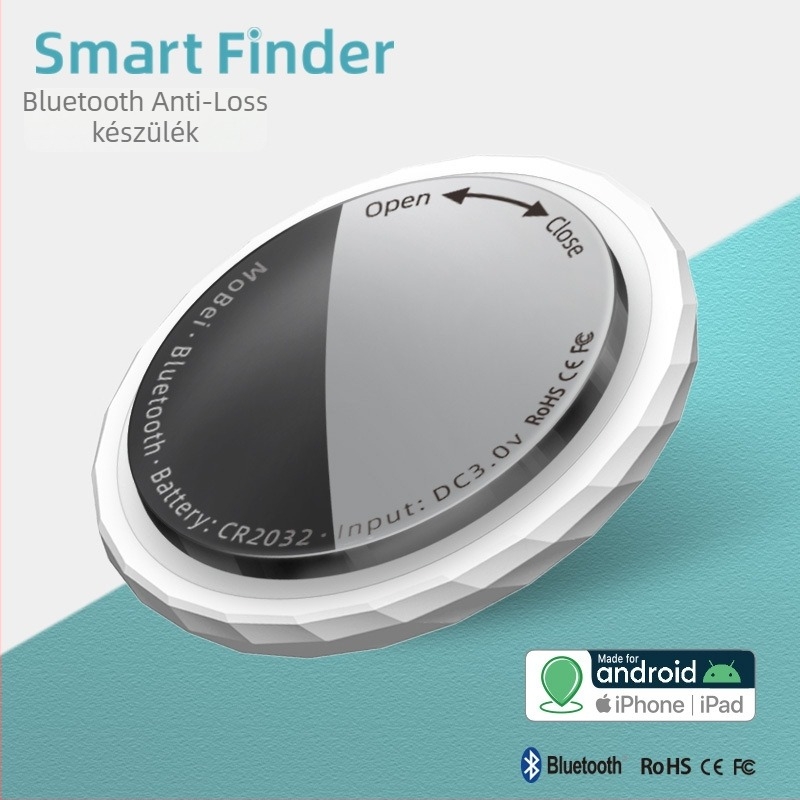 Intelligens Bluetooth kulcskereső, 15 m hatótáv, 230 mAh akkumulátor, méretek 31x31x9 mm, tömeg 9 g, ABS anyag, Android és iOS kompatibilis