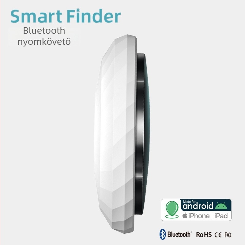 Intelligens Bluetooth kulcskereső, 15 m hatótáv, 230 mAh akkumulátor, méretek 31x31x9 mm, tömeg 9 g, ABS anyag, Android és iOS kompatibilis