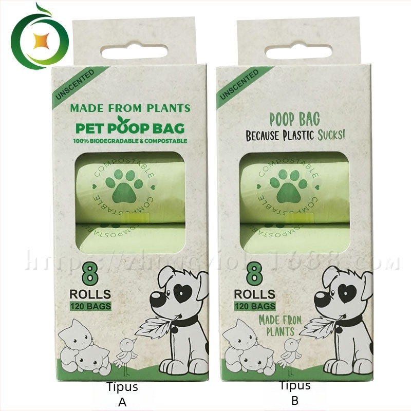 Biodegradable és compostable háziállatürülék-zacskók, tekercses kivitel, vastagított, PLA+PBAT+kukoricaszárított keményítő keverék