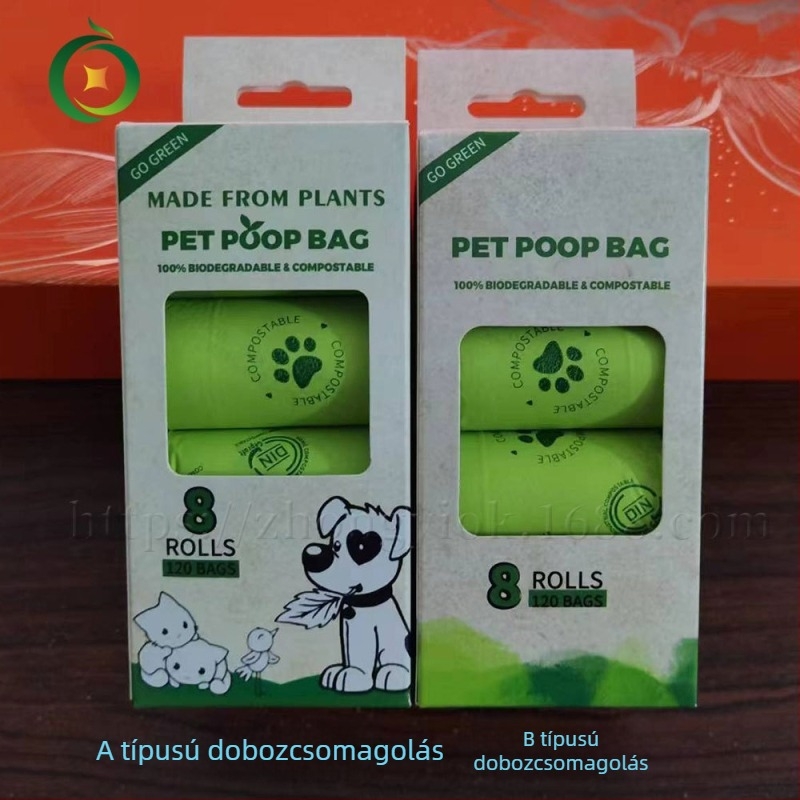 Biodegradable és compostable háziállatürülék-zacskók, tekercses kivitel, vastagított, PLA+PBAT+kukoricaszárított keményítő keverék
