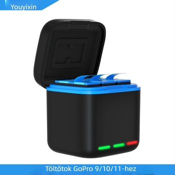 GoPro akkumulátor töltő doboz, 3-csatornás, HERO9-12 kompatibilis, PC+ABS, logó nyomtatott