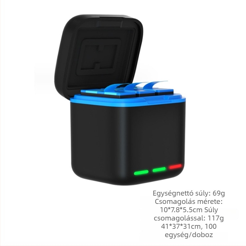 GoPro akkumulátor töltő doboz, 3-csatornás, HERO9-12 kompatibilis, PC+ABS, logó nyomtatott
