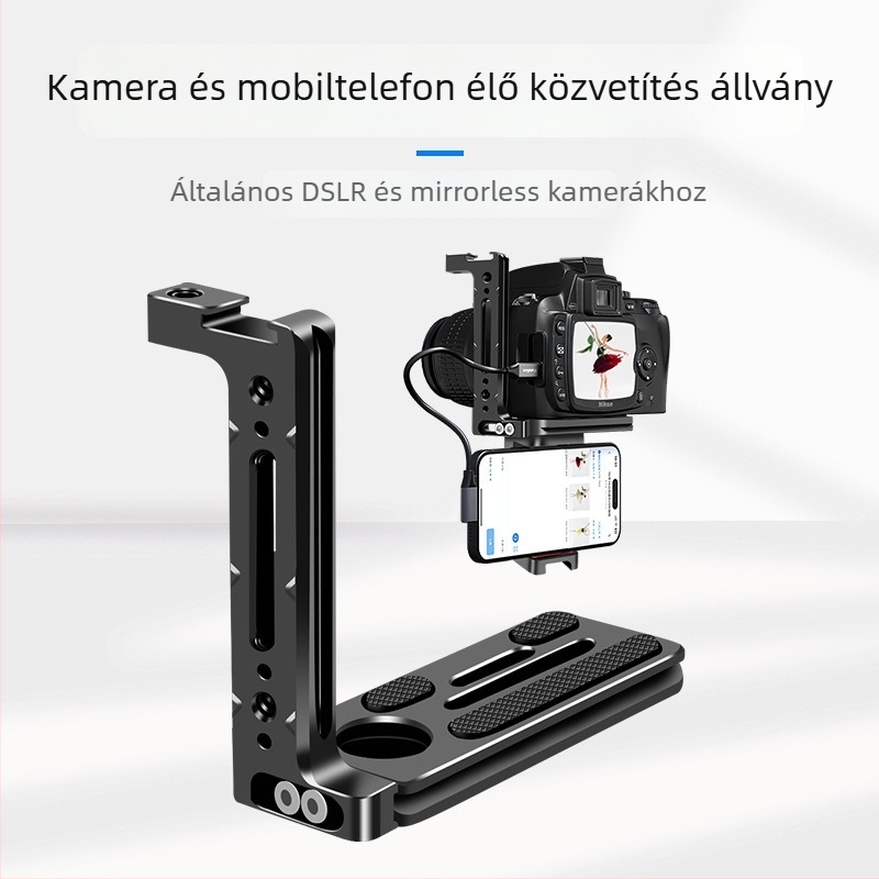 Alumíniumötvözetű L‑alakú tartó kamera és okostelefonhoz, gyorskioldó alaplappal, univerzális tripod kiegészítő