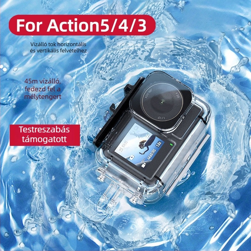 Vízálló tok DJI Osmo Action 3/4/5 PRO — Modell Action5/4/3, Anyag: PC 306, rozsdamentes acél, edzett üveg, Súly: 86 g, A csomag tartalma: vízálló burkolat, alap, 4 csavar, 1 imbuszkulcs