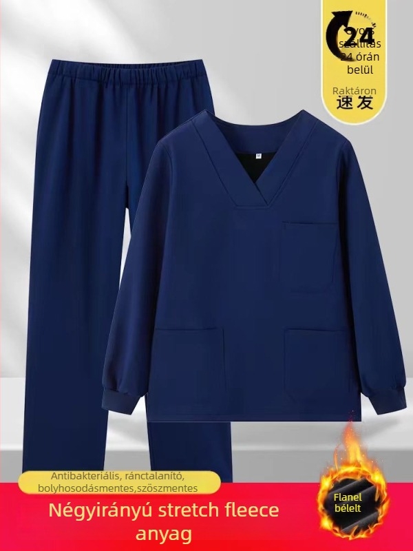 Uniszex orvosi munkaruha készlet — téli hosszú ujjú V-nyakú, poliészter/spandex anyag (90–95% poliészter)