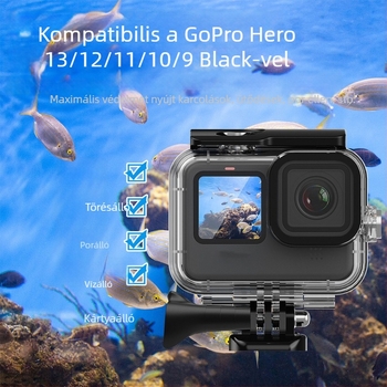 Youyixin 9-13 vízálló tok GoPro HERO9-13-hoz; anyag: PC, edzett üveg és rozsdamentes acél; kompatibil HERO9-13; por- és merülésálló védőtok